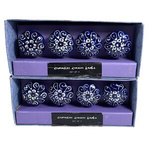 Set Of 8 Decorative Ceramic Drawer Knobs With Blue & White Floral Design NIB